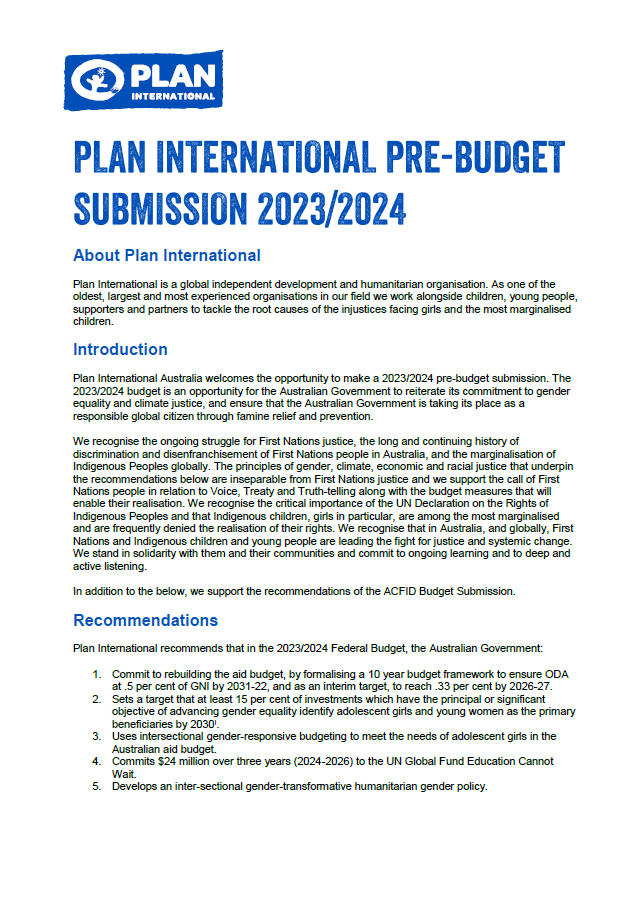 Plan International Pre Budget Submission Plan International